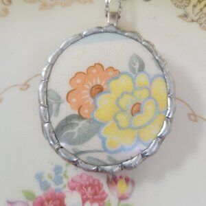 Broken China Orange & Yellow Flower Soldered Pendant Necklace